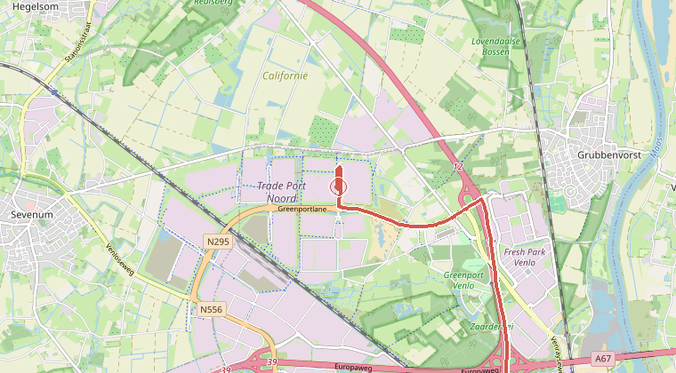 Kaart van de omgeving van de melding, met de kazerne die is gealarmeerd