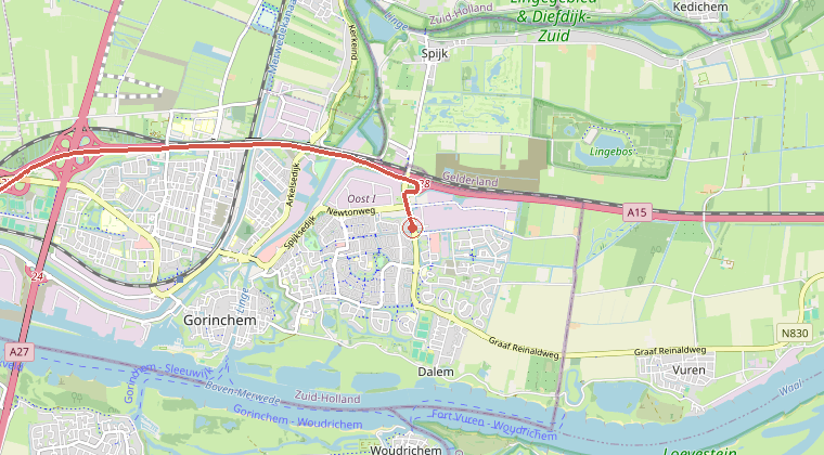 Kaart van de omgeving van de melding, met de kazerne die is gealarmeerd