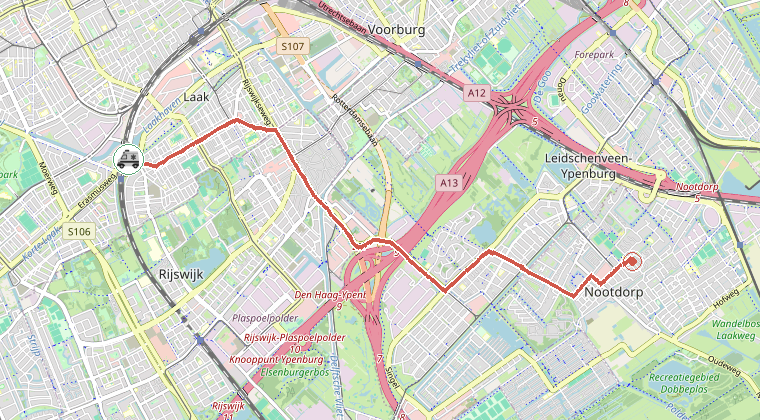 Kaart van de omgeving van de melding, met de kazerne die is gealarmeerd