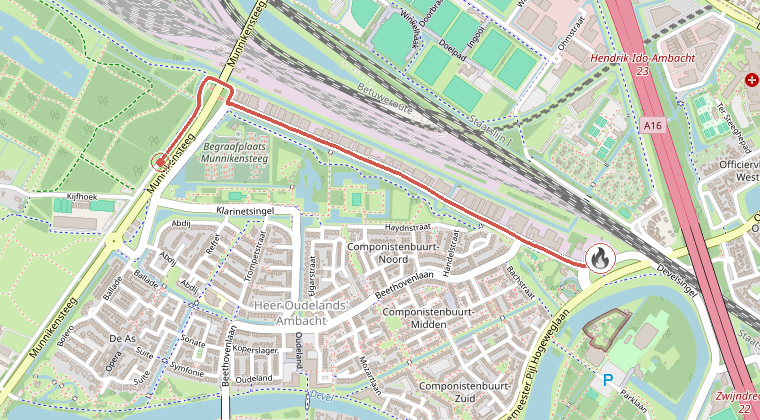 Kaart van de omgeving van de melding, met de kazerne die is gealarmeerd