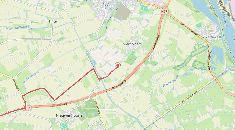 Kaart van de omgeving van de melding, met de kazerne die is gealarmeerd