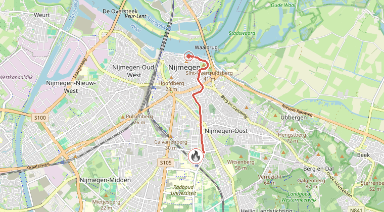 Kaart van de omgeving van de melding, met de kazerne die is gealarmeerd