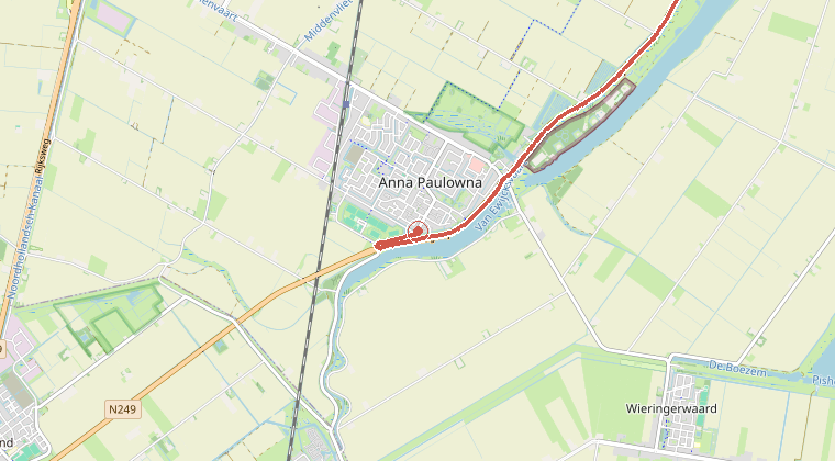 Kaart van de omgeving van de melding, met de kazerne die is gealarmeerd