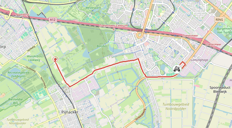 Kaart van de omgeving van de melding, met de kazerne die is gealarmeerd