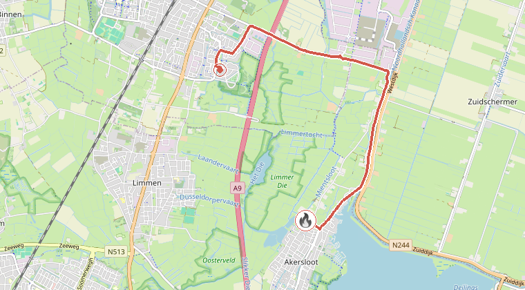 Kaart van de omgeving van de melding, met de kazerne die is gealarmeerd