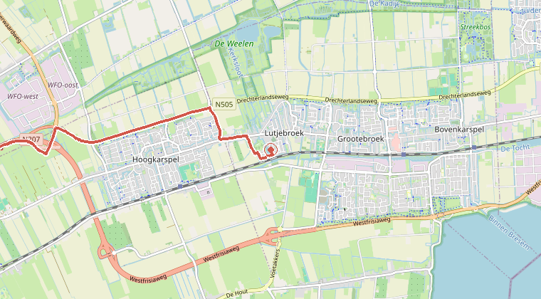 Kaart van de omgeving van de melding, met de kazerne die is gealarmeerd