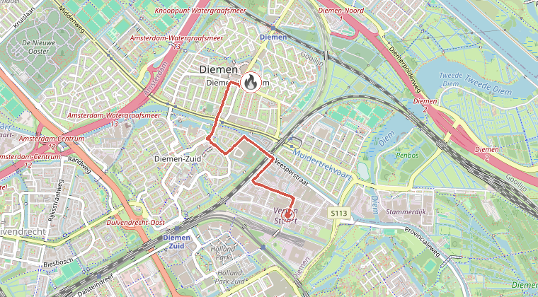 Kaart van de omgeving van de melding, met de kazerne die is gealarmeerd