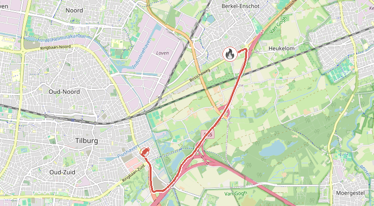 Kaart van de omgeving van de melding, met de kazerne die is gealarmeerd