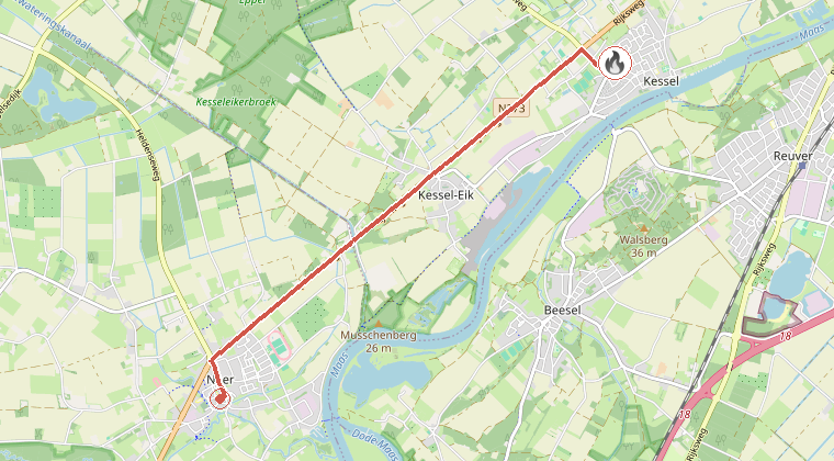Kaart van de omgeving van de melding, met de kazerne die is gealarmeerd