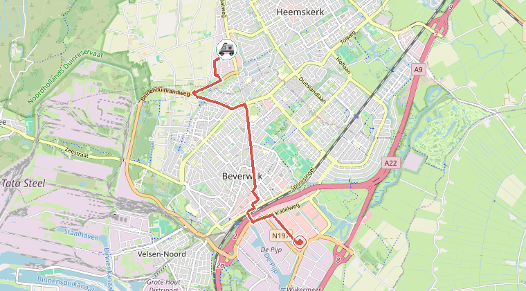 Kaart van de omgeving van de melding, met de kazerne die is gealarmeerd