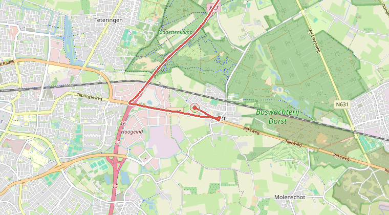 Kaart van de omgeving van de melding, met de kazerne die is gealarmeerd