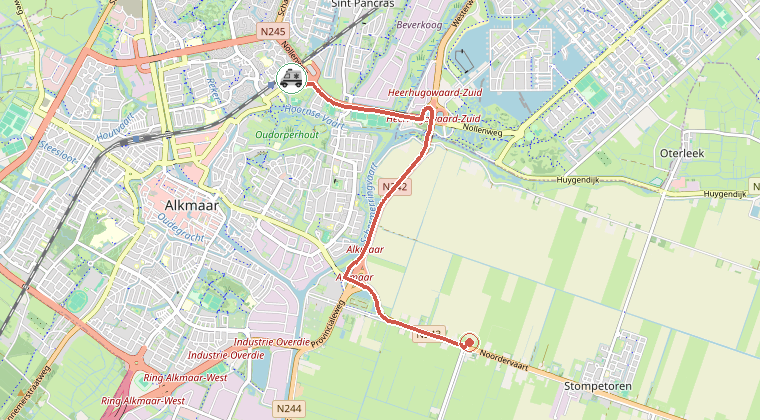 Kaart van de omgeving van de melding, met de kazerne die is gealarmeerd
