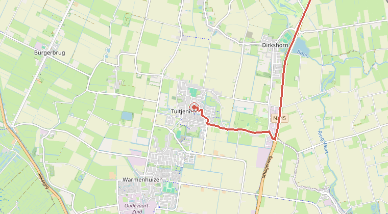 Kaart van de omgeving van de melding, met de kazerne die is gealarmeerd