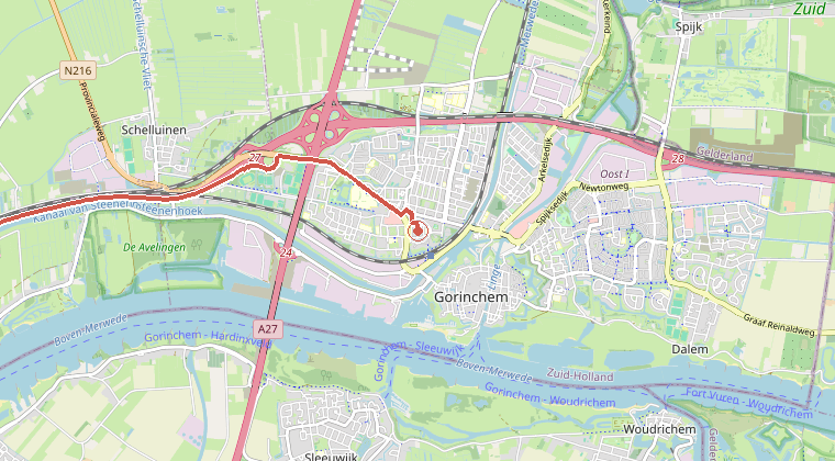 Kaart van de omgeving van de melding, met de kazerne die is gealarmeerd