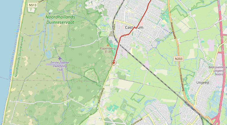 Kaart van de omgeving van de melding, met de kazerne die is gealarmeerd
