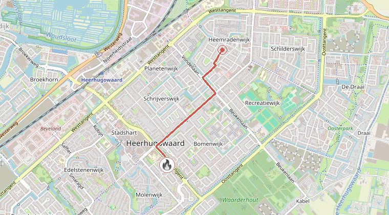 Kaart van de omgeving van de melding, met de kazerne die is gealarmeerd