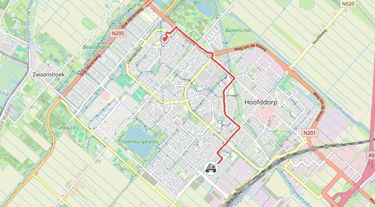 Kaart van de omgeving van de melding, met de kazerne die is gealarmeerd