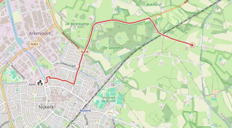 Kaart van de omgeving van de melding, met de kazerne die is gealarmeerd
