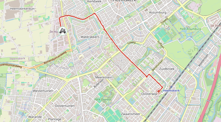 Kaart van de omgeving van de melding, met de kazerne die is gealarmeerd