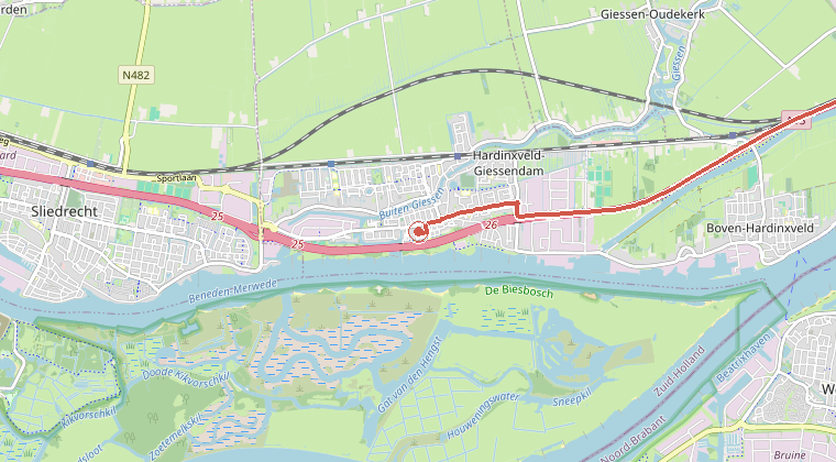 Kaart van de omgeving van de melding, met de kazerne die is gealarmeerd