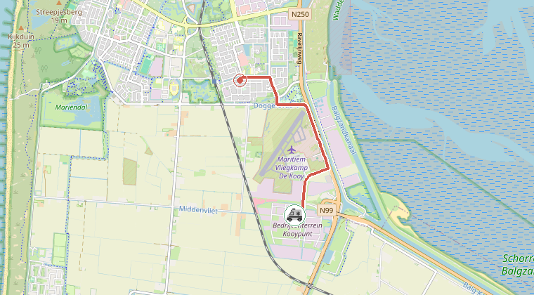 Kaart van de omgeving van de melding, met de kazerne die is gealarmeerd