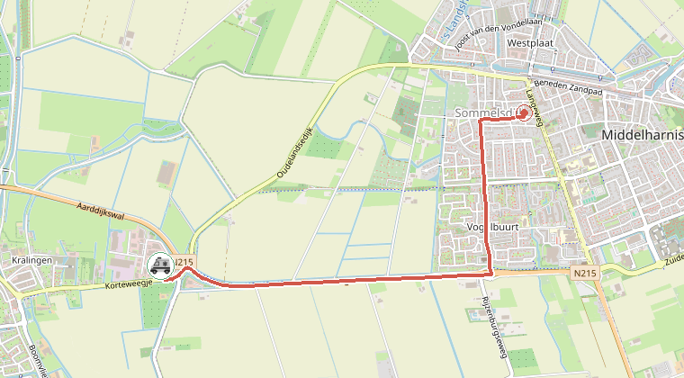 Kaart van de omgeving van de melding, met de kazerne die is gealarmeerd