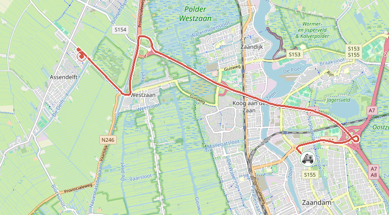 Kaart van de omgeving van de melding, met de kazerne die is gealarmeerd