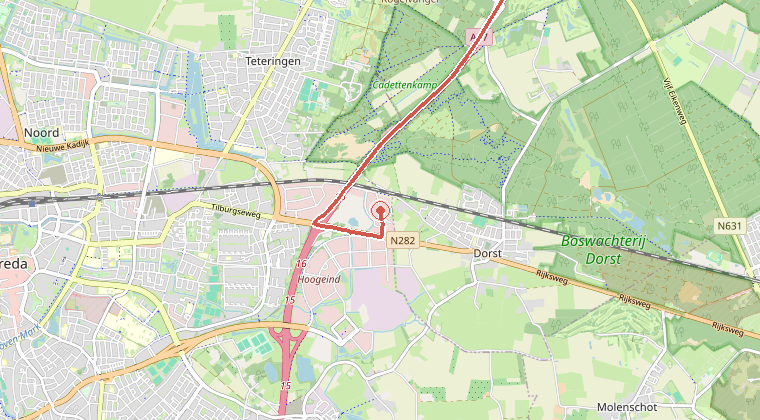 Kaart van de omgeving van de melding, met de kazerne die is gealarmeerd