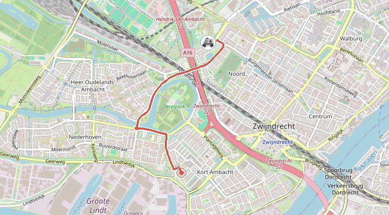 Kaart van de omgeving van de melding, met de kazerne die is gealarmeerd