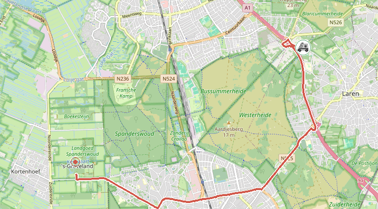 Kaart van de omgeving van de melding, met de kazerne die is gealarmeerd