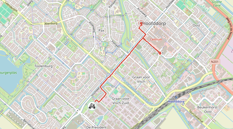 Kaart van de omgeving van de melding, met de kazerne die is gealarmeerd