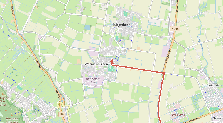 Kaart van de omgeving van de melding, met de kazerne die is gealarmeerd