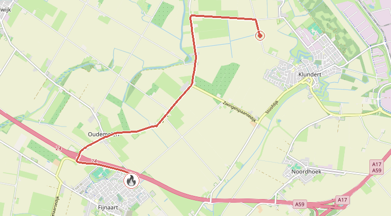 Kaart van de omgeving van de melding, met de kazerne die is gealarmeerd