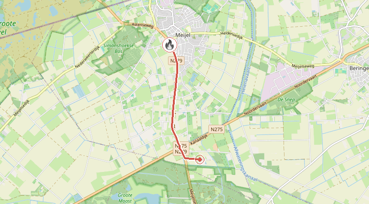Kaart van de omgeving van de melding, met de kazerne die is gealarmeerd