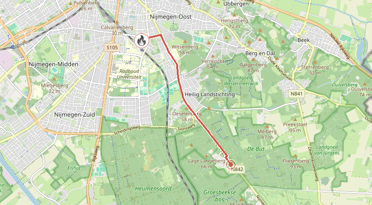 Kaart van de omgeving van de melding, met de kazerne die is gealarmeerd