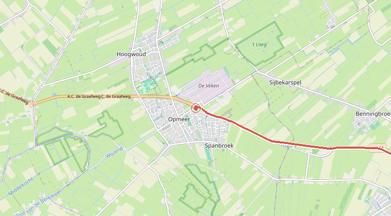 Kaart van de omgeving van de melding, met de kazerne die is gealarmeerd