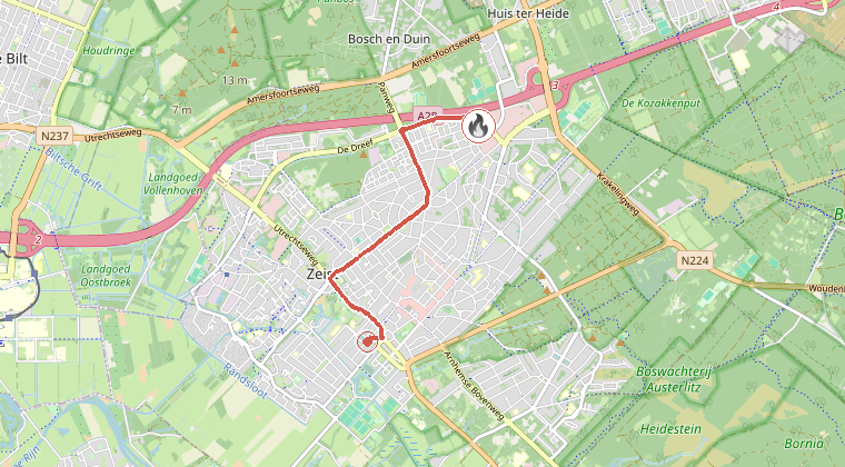 Kaart van de omgeving van de melding, met de kazerne die is gealarmeerd