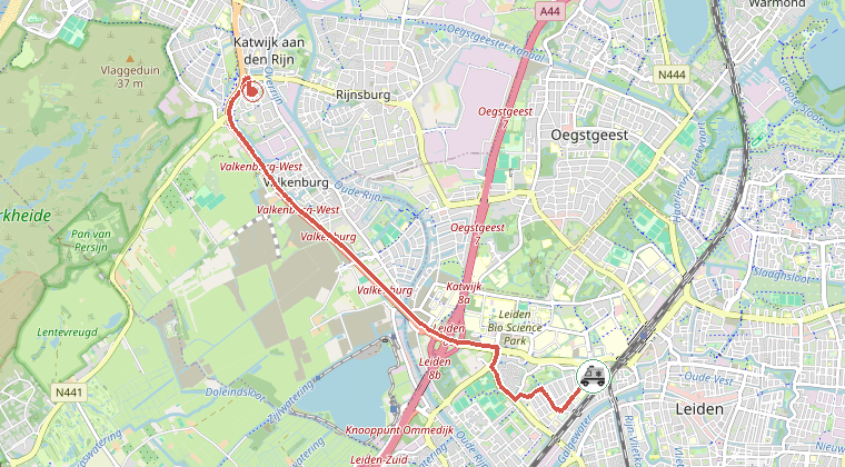 Kaart van de omgeving van de melding, met de kazerne die is gealarmeerd