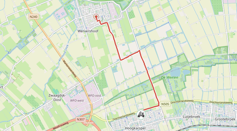 Kaart van de omgeving van de melding, met de kazerne die is gealarmeerd