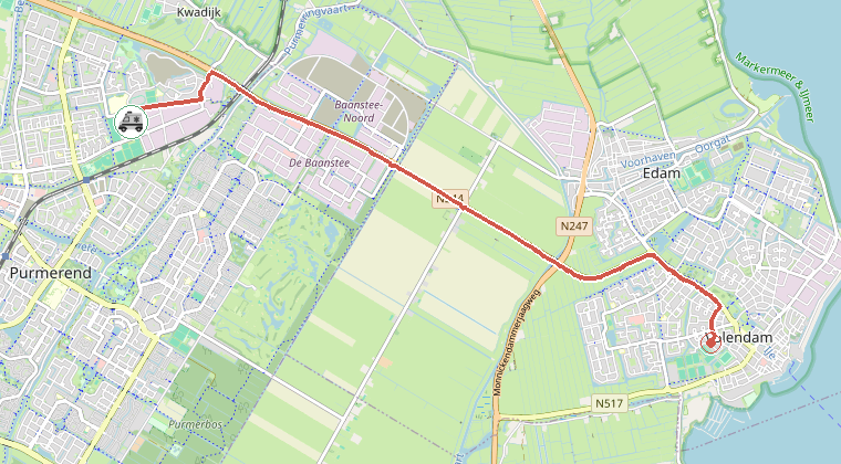 Kaart van de omgeving van de melding, met de kazerne die is gealarmeerd