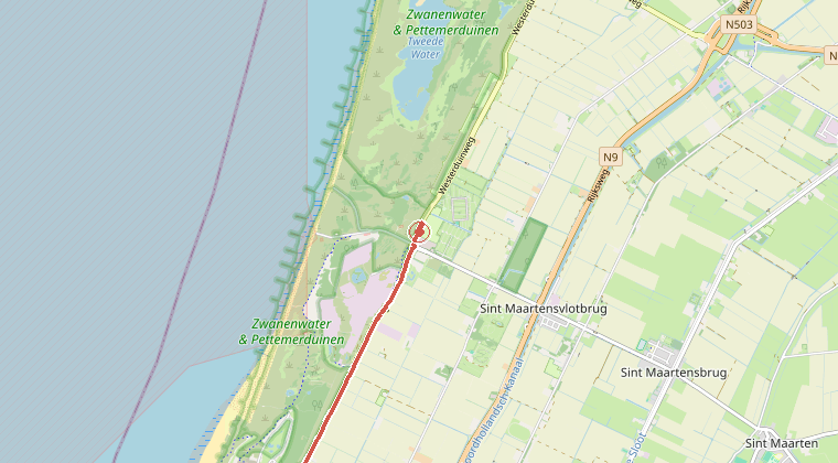 Kaart van de omgeving van de melding, met de kazerne die is gealarmeerd