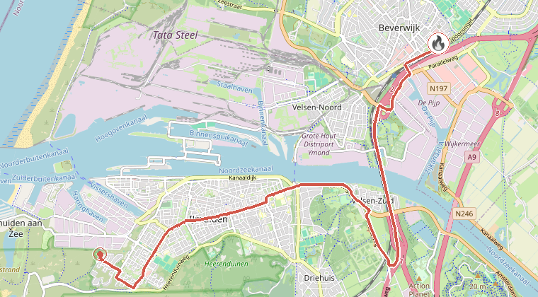 Kaart van de omgeving van de melding, met de kazerne die is gealarmeerd