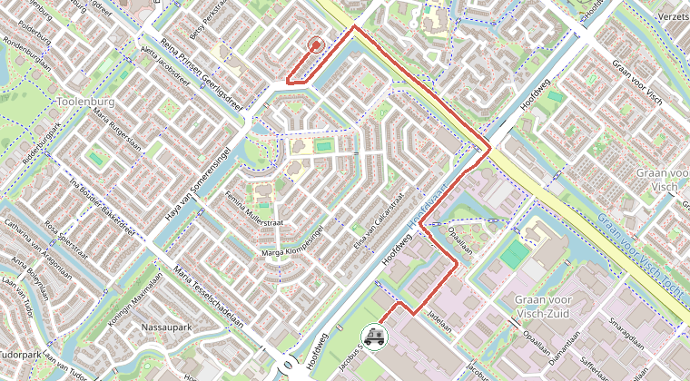 Kaart van de omgeving van de melding, met de kazerne die is gealarmeerd