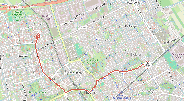 Kaart van de omgeving van de melding, met de kazerne die is gealarmeerd