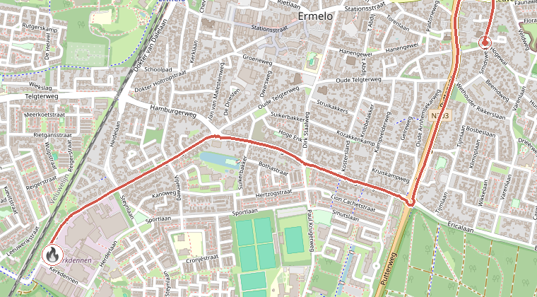 Kaart van de omgeving van de melding, met de kazerne die is gealarmeerd