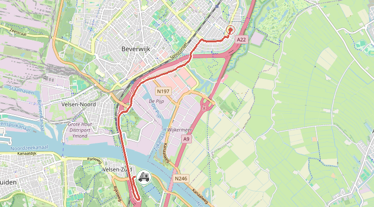 Kaart van de omgeving van de melding, met de kazerne die is gealarmeerd