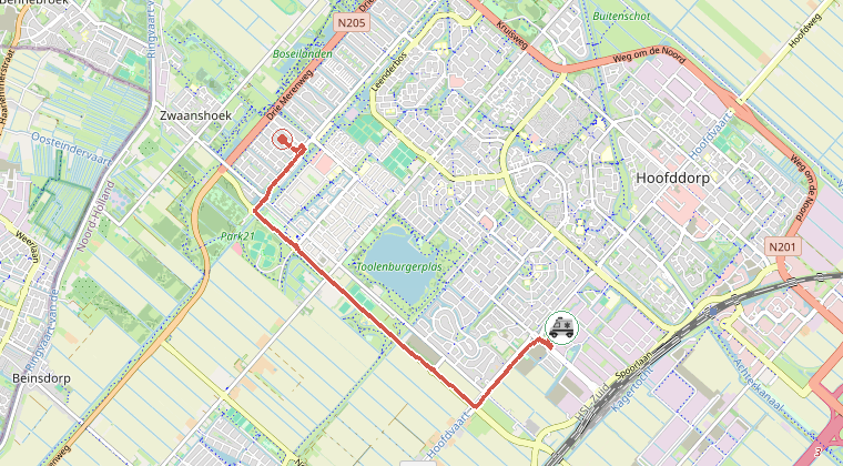 Kaart van de omgeving van de melding, met de kazerne die is gealarmeerd