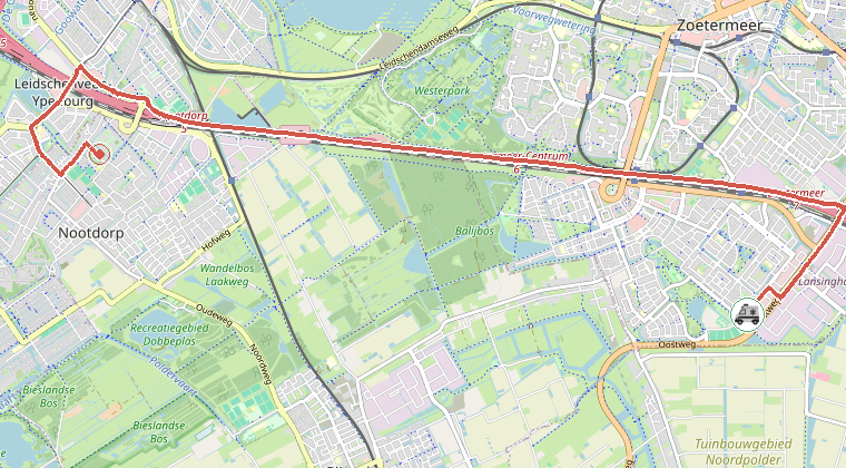 Kaart van de omgeving van de melding, met de kazerne die is gealarmeerd