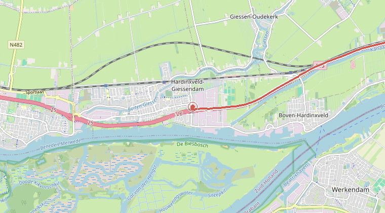 Kaart van de omgeving van de melding, met de kazerne die is gealarmeerd