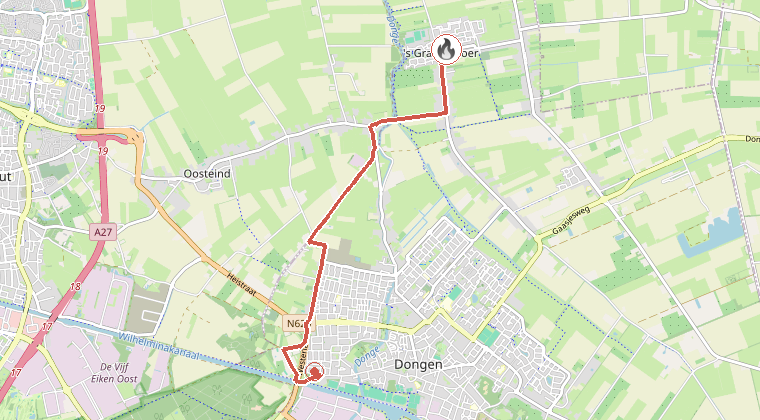 Kaart van de omgeving van de melding, met de kazerne die is gealarmeerd